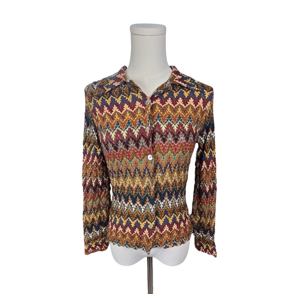 Express Tricot Vintage 90s Chevron Knit Button Up Shirt Brown M Boho Grunge